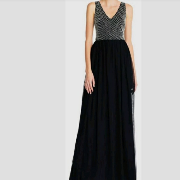 New Adrianna Papell Navy Blue Beaded Mesh Gown Formal - Picture 4 of 5